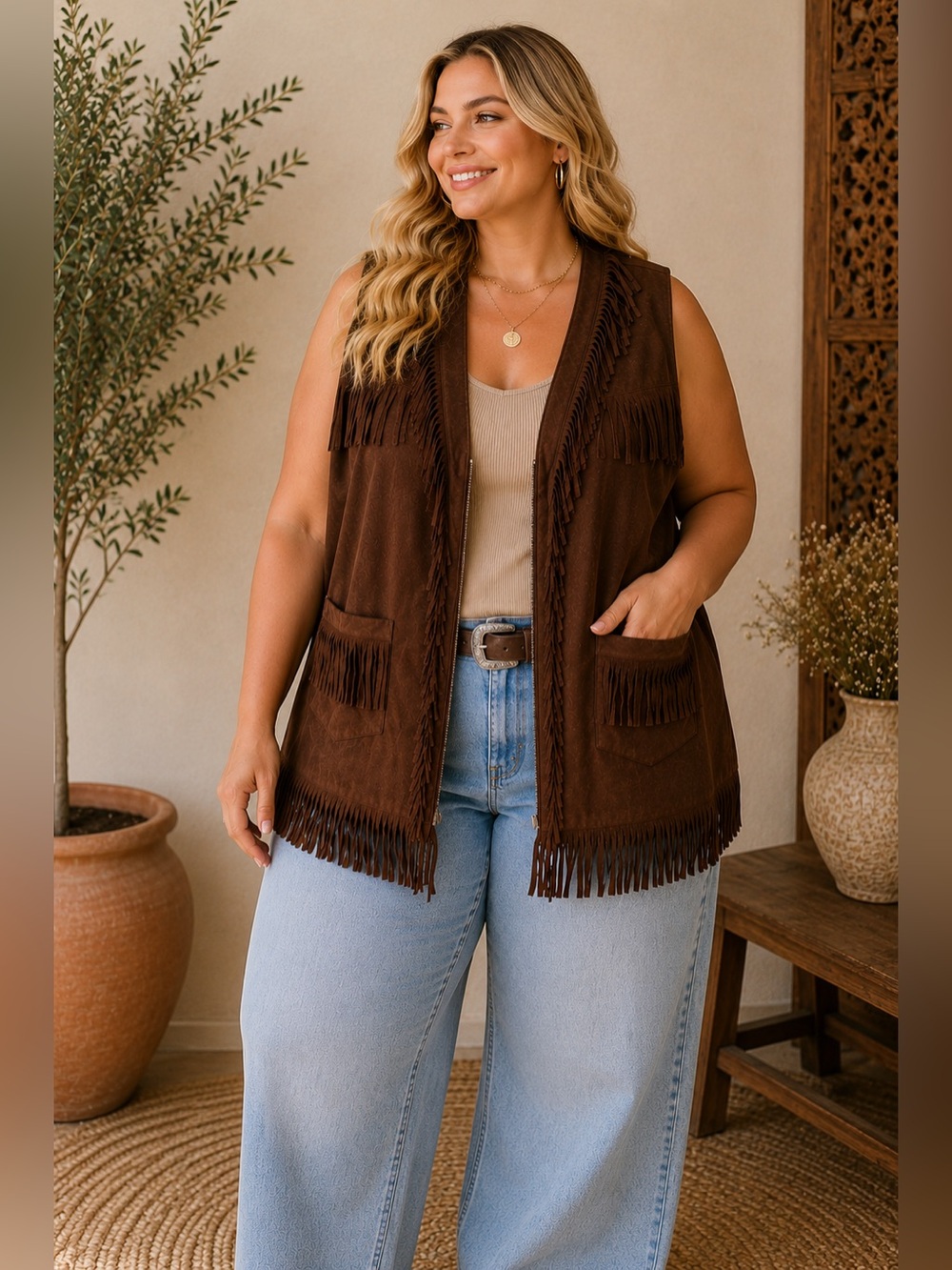 COOFANDY Faux Suede Fringe Western Vest XL